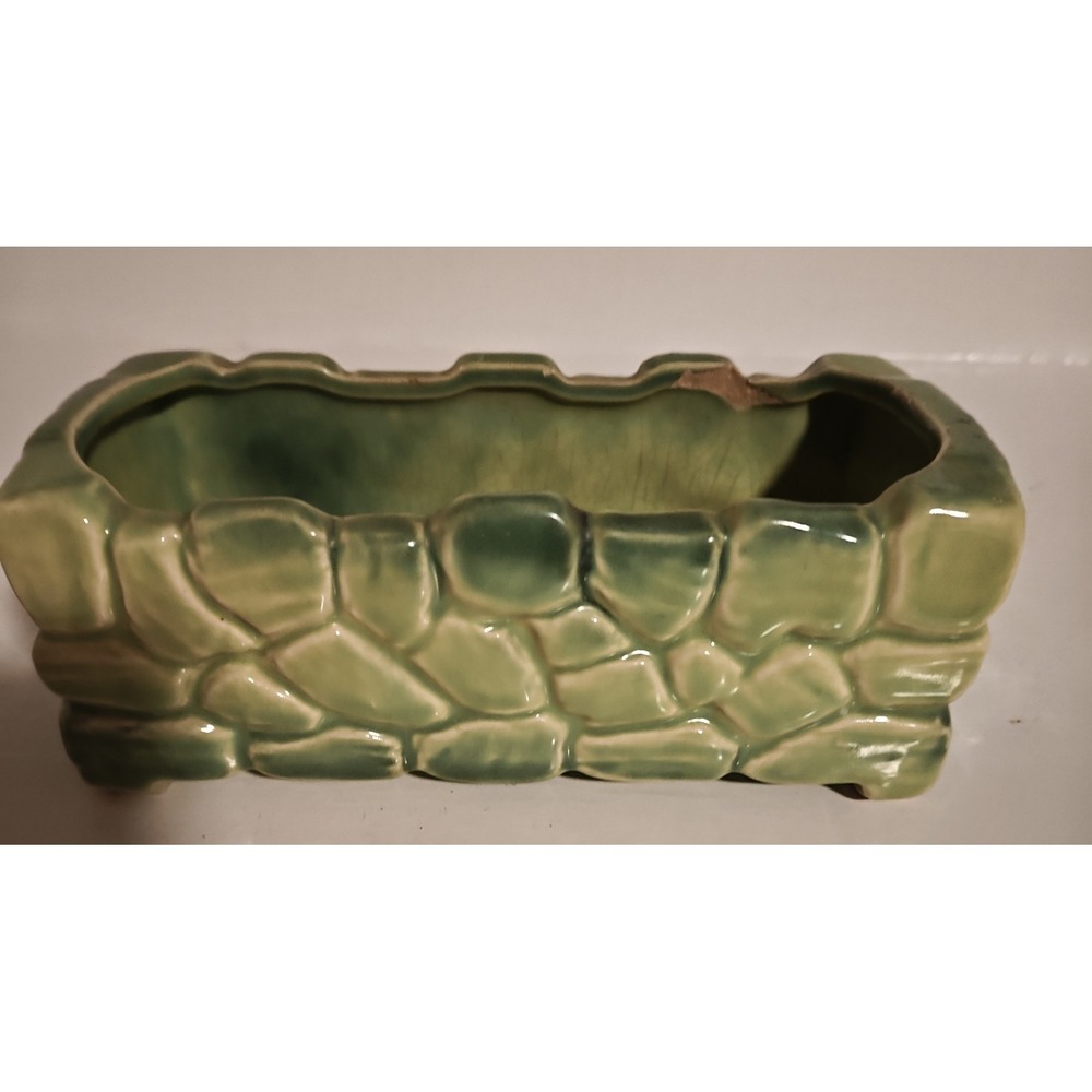 Vintage McCoy Green Ceramic Planter Stone Wall Pattern 6.75"L x 3W" x 2.75"T